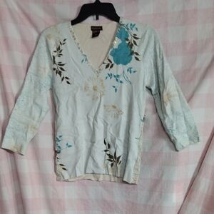 Worn Once...Multiples Light Blue, Cream And Brown Floral V-Neck Sweater